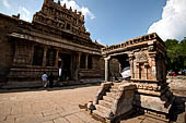 The great Chola temples of Tamil Nadu - The Airavatesvara temple of Darasuram. Nandi mandapa in front of the entrance gopura. 